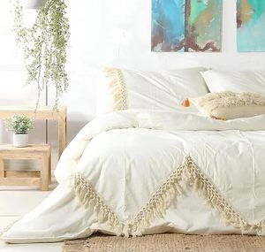 100% Cotton Duvet Cover <b>Set</b>, White Tassel <b>Bedding</b> <b>Set</b>, Boho Tassel Duvet Cover Farmhouse <b>Bedding</b> Home Hotel Tassel <b>Bedding</b> <b>Set</b> - Product Image 3
