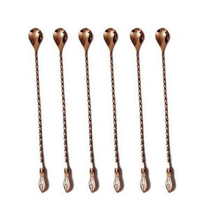Rose Gold Polished Long <b>Thin</b> Handmade Brass Embossed Ribbed Handle Inexpensive Bar Spoon With Auger Shell Design Ended - Product Image 1