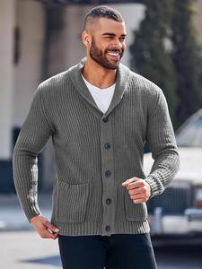 เสื้อสเวตเตอร์คาร์ดิแกนคอวีอบอุ่นสำหรับผู้ชาย, เสื้อสเวตเตอร์คาร์ดิแกนคอวีมีกระเป๋าดีไซน์เย็บปะติดเข็มขัดถักหลากสีสำหรับฤดูหนาว - Product Image 4