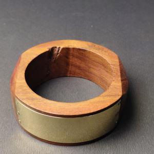 Luxury Round <b>Wooden</b> <b>Bangle</b> with Wide Brass Metal Band Inlay Artisan Handcrafted Geometric Wood Bracelet for Men and Women - Product Image 2