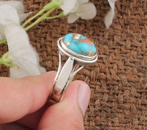 Bague en argent terni de Style Vintage fait à la main avec huître cuivre Turquoise pierre précieuse forme ovale bague de mariage en pierre pour les femmes - Product Image 6