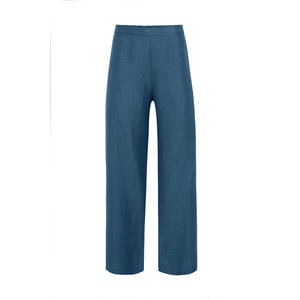 กางเกงขายาวผ้าลินินสีครามพร้อมขอบเอวยางยืดสูง - Product Image 2