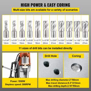 Perceuse magnétique avec diamètre de perçage de 2 pouces, 2900 LBS, 11 forets annulaires HSS, machine haute efficacité - Product Image 6