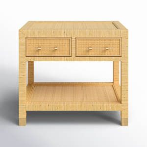 Mesita de noche de madera maciza y ratán de 2 cajones de diseño moderno con luz LED, muebles de dormitorio para uso doméstico - Product Image 1