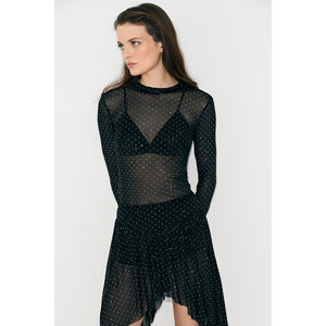 Women's Elegant Black Tulle Blouse with Stone Embellishments Long Sleeves Round Neck Sheer Party <b>Top</b> - Product Image 6