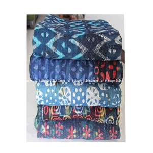 Hand Block Printed 100% Cotton Reversible <b>Kantha</b> <b>Throw</b> Ralli Bedcover Twin Size Bedding Blanket - Product Image 1
