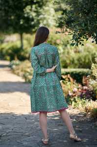 Shey Hand Block Printed Cotton Dress Boho Floral <b>Green</b> <b>Pink</b> Casual Summer Wear - Product Image 3