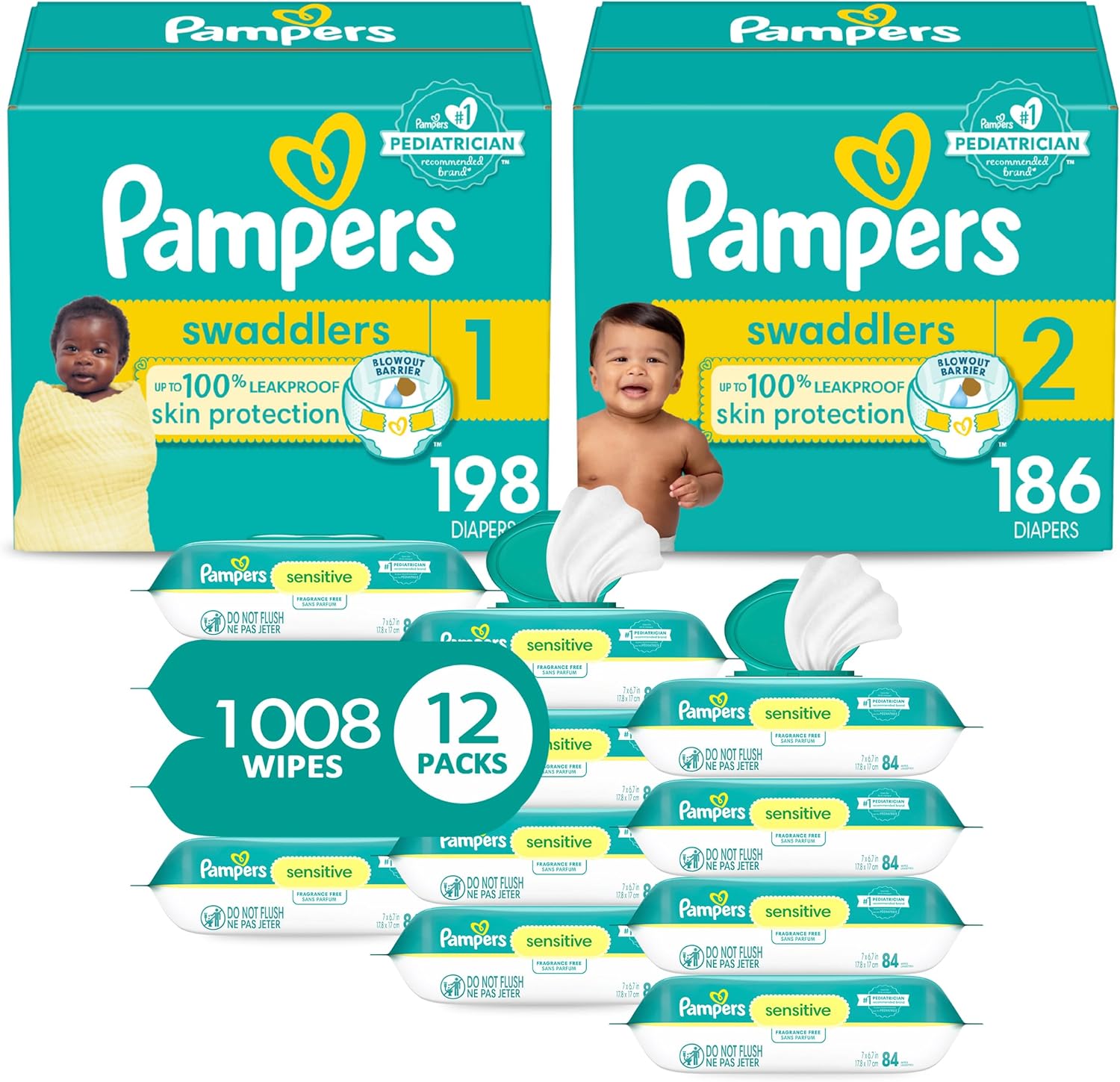 Pampers детские подгузники и салфетки стартовый набор, одноразовые пеленки, размеры 1 (количество 198) и 2 (количество 186)