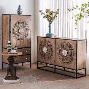 Armoire de buffet sculptée antique avec bois de manguier et fer pour la maison Bar salon ferme salle à manger salle de bain rangement - Product Image 6