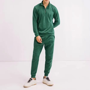 Survêtement vert pour homme, manches longues, demi-zip, couleur unie, coupe décontractée, respirant, poches latérales, 100% coton, vêtements d'automne - Product Image 1