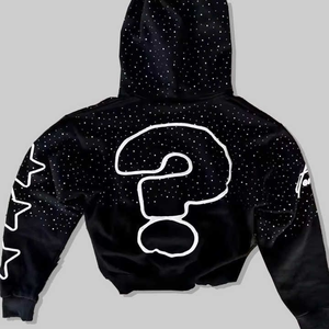 Sudadera con capucha recortada francesa de estilo callejero de alta calidad personalizada con cremallera estampada y diamantes de imitación para hombre 2025 - Product Image 2
