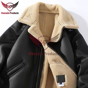 Veste en cuir véritable noir pour homme, doublure en fourrure beige, manteau aviateur en peau de mouton B3, veste bomber personnalisée, vêtement d'extérieur chaud et épais pour l'hiver - Product Image 3