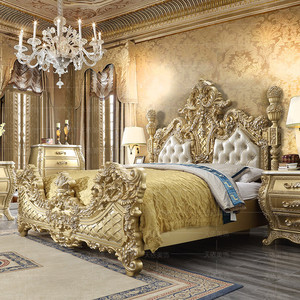 Cama Doble de Madera con Diseño Maharaja, Hecha de Madera de Teca Maciza de Alta Calidad con Tallados y Acabado Dorado - Product Image 3