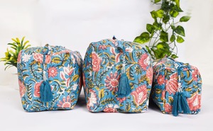 Bridal Party Gift | Eco-Friendly Quilted Cotton Makeup <b>Bag</b> Trio | Handmade Indian Travel Case <b>with</b> <b>Zipper</b> Closure Large Capacity - Product Image 4