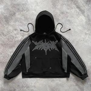 Sudadera con capucha desgastada con lavado ácido 100% algodón con cremallera completa estilo callejero sudaderas con capucha recortadas con parche bordado apropiado para invierno - Product Image 6