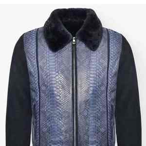 Top Quality New Detachable Rex Collar Fur <b>Blue</b> Python Embossed Leather Jacket For <b>Men</b> New Snakeskin Bomber Jacket - Product Image 5