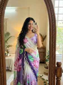 Collection de saris indiens en soie Teby pure et douce pour femmes, avec bordure lourde brodée à la main et ornée de perles, en stock - Product Image 3