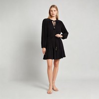 Robe de soirée plissée noire personnalisée pour femme, à col clé, manches longues, mini, évasée, à volants superposés, avec ceinture perlée