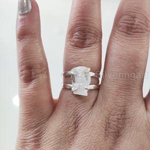 Raw <b>Stone</b> Jewelry Women's <b>Ring</b> Natural Rainbow Moonstone Gemstone June Birthstone Hammered <b>Two</b> Band 925 Sterling Silver <b>Ring</b> - Product Image 4