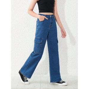 OSCA INTERNATIONAL Women's High Rise Dark Blue <b>Denim</b> Jeans 6-Pocket Cargo <b>Stretch</b> Fabric Breathable Eco-Friendly Durable Vintage - Product Image 3