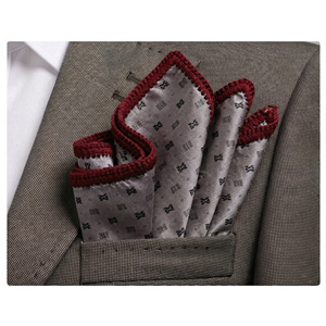 Handmade Gray Geometric Knitted <b>Edge</b> Pocket <b>Square</b> Signature Border 100% Silk British Style Dining Companion for Blazers Suit - Product Image 1