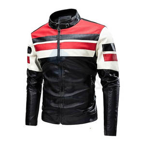 Chaqueta de Cuero con Cuello Alto y Bloques de Color para Hombre, Estilo Motero, Cierre Completo, Prenda Exterior de Moda, Rojo, Blanco y Negro - Product Image 1