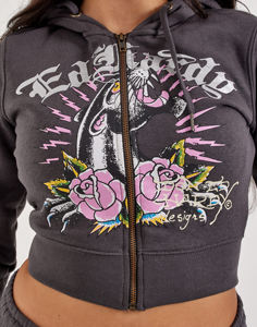 Hoodie court personnalisé en coton épais délavé style streetwear, coupe oversize avec strass et fermeture éclair, pour femme - Product Image 4