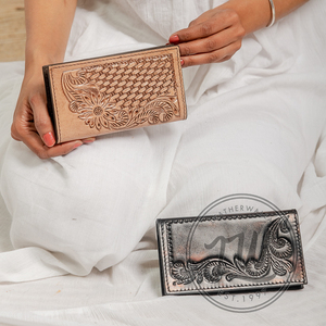 Hand Tooled Leather Turquoise Flower Wallet Stylish Genuine Leather Zip Continental Purse Western Clutch <b>Card</b> Case Gifts for Her - Product Image 2