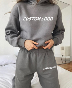 Conjunto de pantalones y Sudadera con capucha en blanco de gran tamaño para mujer con logotipo, conjunto de chándal para correr de color sólido con hombros caídos - Product Image 4