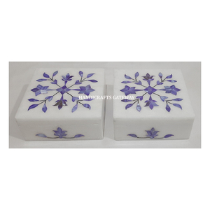 White Marble Mother Of Pearl Inlay Jewellery <b>Box</b> Blue Color Square Shape With <b>Floral</b> Design Used For Home Decoration And Gifting - Product Image 1