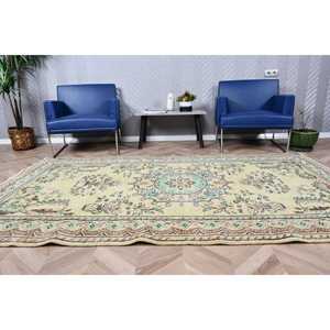 Turkish Rug, 5.1x8.6 ft Large Rug, <b>Yellow</b> Bordered <b>Wool</b> Vintage Rug - Product Image 2