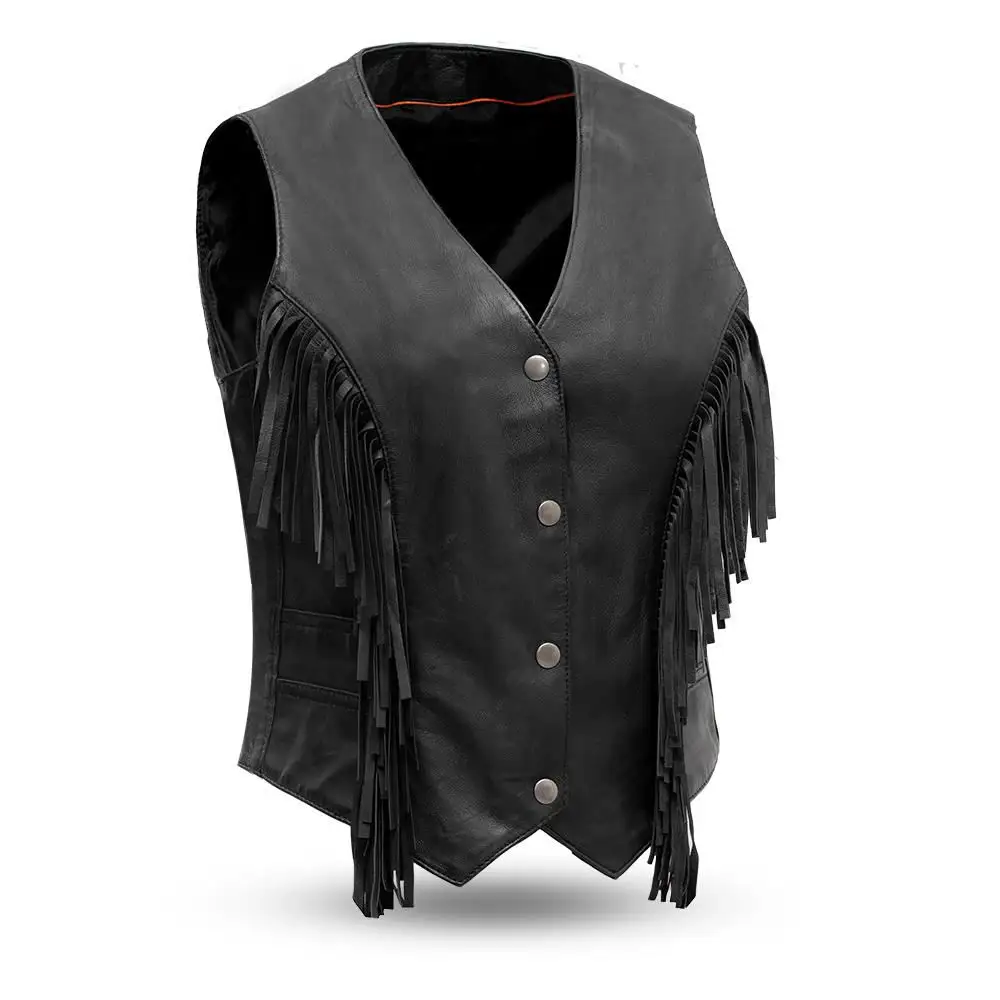 Genuine Leather Women Motorbike Vest Biker Girl Waistcoat Snap Bottoms Front Closure Fringe Style Black Leather Women Vest