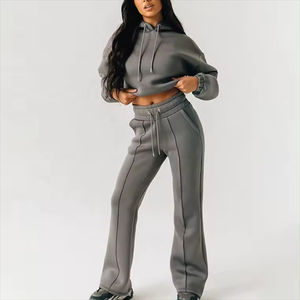 Customize Logo <b>Women</b> Sweatsuit Pullover Crop Hoodie and <b>Straight</b> <b>Leg</b> Pant <b>Jogger</b> Tracksuits Set in Fleece - Product Image 3