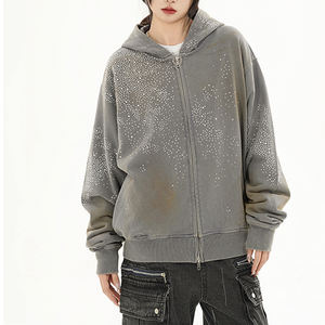 Sudadera con capucha de gran tamaño para mujer 2025 algodón estilo callejero largo diseño de punto con diamantes de imitación para la temporada de invierno 100% - Product Image 1