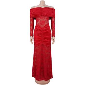 C7620 Nouvelle <span class=keywords><strong>Robe</strong></span> <span class=keywords><strong>de</strong></span> Soirée Mixi Plissée Élégante pour <span class=keywords><strong>Femme</strong></span>, Épaules Dénudées, Dentelle, Manches Longues, Sexy, Froncée, Printemps 2026 - Product Image 5