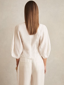 Blusa elegante de mezcla de lino para mujer 3/4 Puff Sleeve V Split Neck Top para oficina y ropa informal - Product Image 5