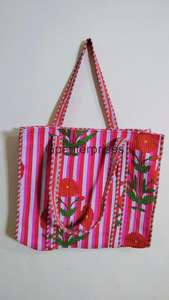 Sac fourre-tout d'été en coton matelassé imprimé de fleurs roses pour femmes Sacs à provisions à la mode - Product Image 4