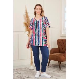 เสื้อเบลาส์ฤดูร้อนผ้าวิสโคสผสมอีลาสเทนลายทางสีบานเย็นสำหรับผู้หญิงไซส์พลัส RMG - เสื้อทูนิคทรงหลวมใส่สบาย - Product Image 5
