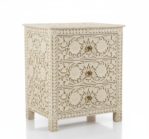 Mesita de Noche de Madera Maciza de Alta Calidad y Duradera, con Incrustaciones de Hueso Artesanales, Diseño Floral de Estilo Fantasía - Product Image 3