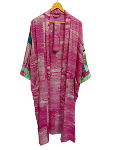 Túnica India Floral Seda Sari Kimono Vintage Sari Robe Suave Playa Fiesta Vestido Indio Hecho A Mano Seda Kimono - Product Image 5