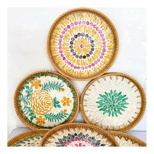 Rattan Serving Tray Mother of pearl Tray Shell Inlaid Rattan Trays for Decoration Home & Kitchen Made by Vietnamese FBA Am