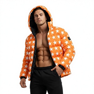 Mens Orange Waterproof Breathable Hooded Puffer Jacket Winter Warm <b>Bubble</b> <b>Coat</b> Streetwear Front Custom Wholesale Outerwear - Product Image 1