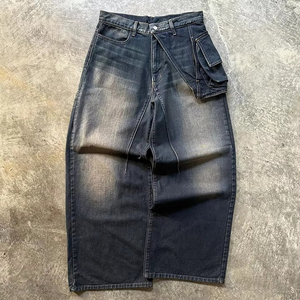 Fabricant de jeans baggy taille haute personnalisés pour hommes, ample, surdimensionné, délavé à l'acide, vintage, jambes larges, denim vieilli, solide - Product Image 1