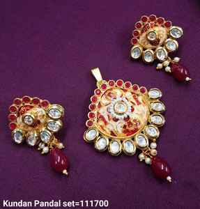 Indian Traditional & Fashionable <b>Gold</b> Plated Flower Stylish Drop & Kundan Copper Pendant Necklace Set for Women Without Chain - Product Image 4