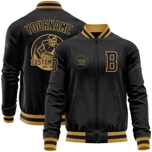 Industria directa, venta al por mayor, informal, de invierno, personalizado, negro, Oro viejo, bombardero Varsity Letterman, chaqueta con cremallera - Product Image 1