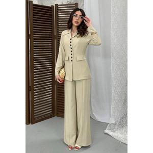 Beige Buttoned Jacket And Trousers <b>Set</b> - Beige - Product Image 1