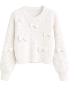 Manufacture Customized Women <b>White</b> Cable Knit <b>Cropped</b> Sweater <b>With</b> Bow Applique <b>Long</b> <b>Sleeve</b> Round Neck Cute Winter Fashion <b>Top</b> - Product Image 1