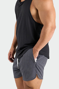 Short de fitness d'été en maille à motif solide pour hommes avec poche et vêtements de plage personnalisables Short de course teint en plaine - Product Image 3