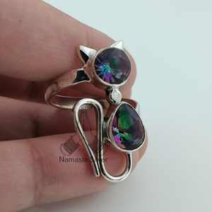 Mystic Topaz Dual Gemstone <b>Statement</b> Cat <b>Ring</b> Handmade Sterling Silver 18K for Birthday Christmas Valentine's Day Gift - Product Image 1