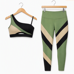 Ensemble de yoga asymétrique color block, sans couture, à bretelles spaghetti, col rond, respirant, extensible dans les quatre sens, taille élastique, tenue de sport - Product Image 3